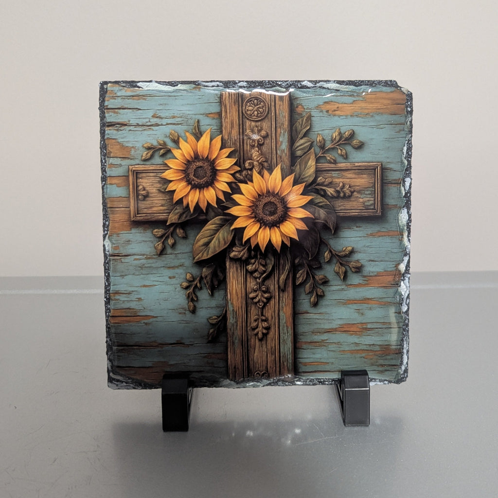 Slate Vintage Style Design Cross Picture With Display Legs