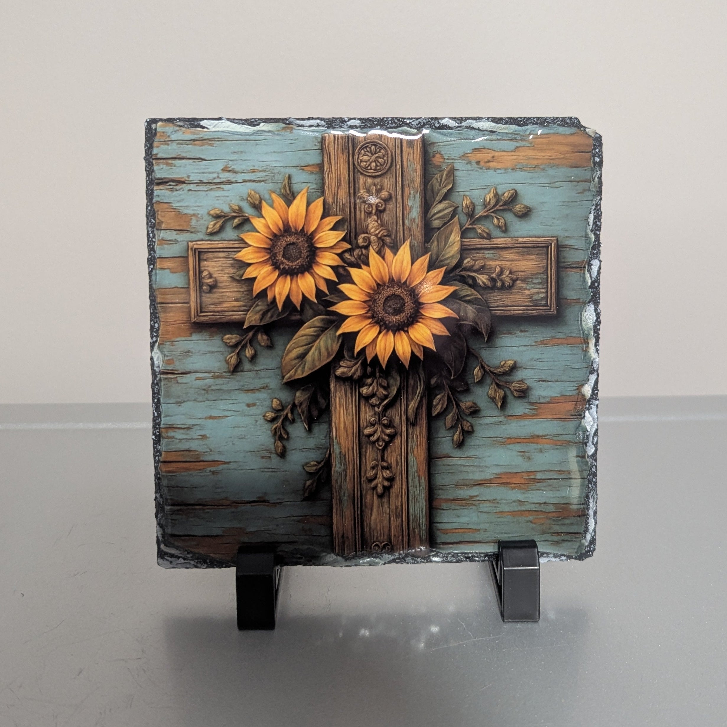 Slate Vintage Style Design Cross Picture With Display Legs