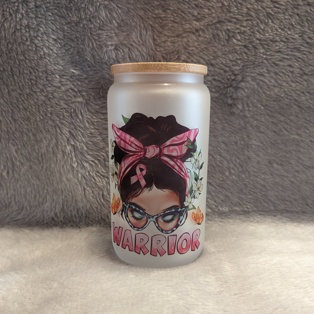 16oz Frosted Warrior Glass with Messy Bun Girl & Reusable Straw