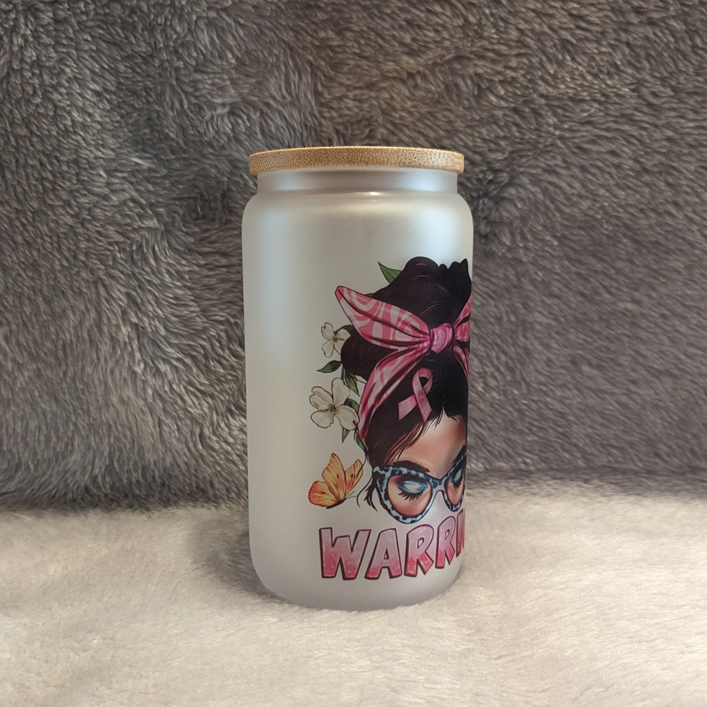 16oz Frosted Warrior Glass with Messy Bun Girl & Reusable Straw