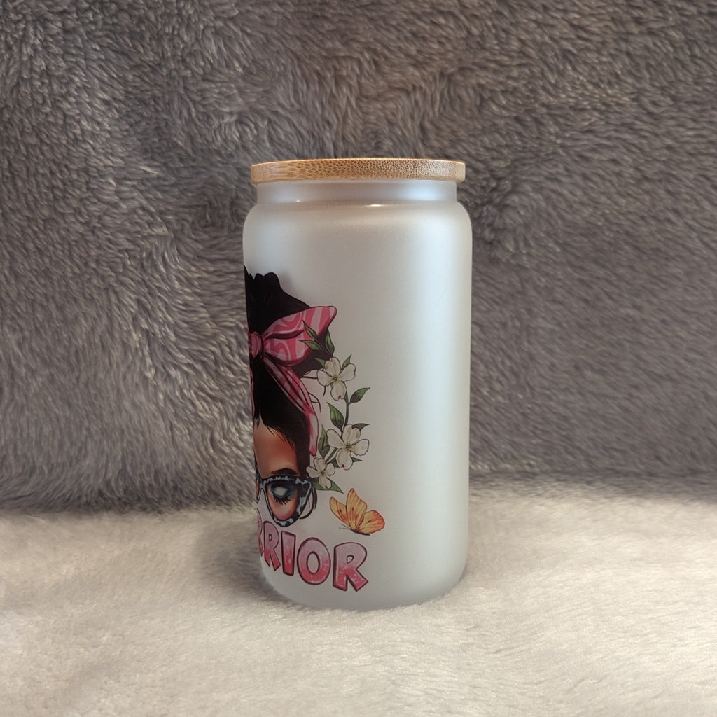 16oz Frosted Warrior Glass with Messy Bun Girl & Reusable Straw