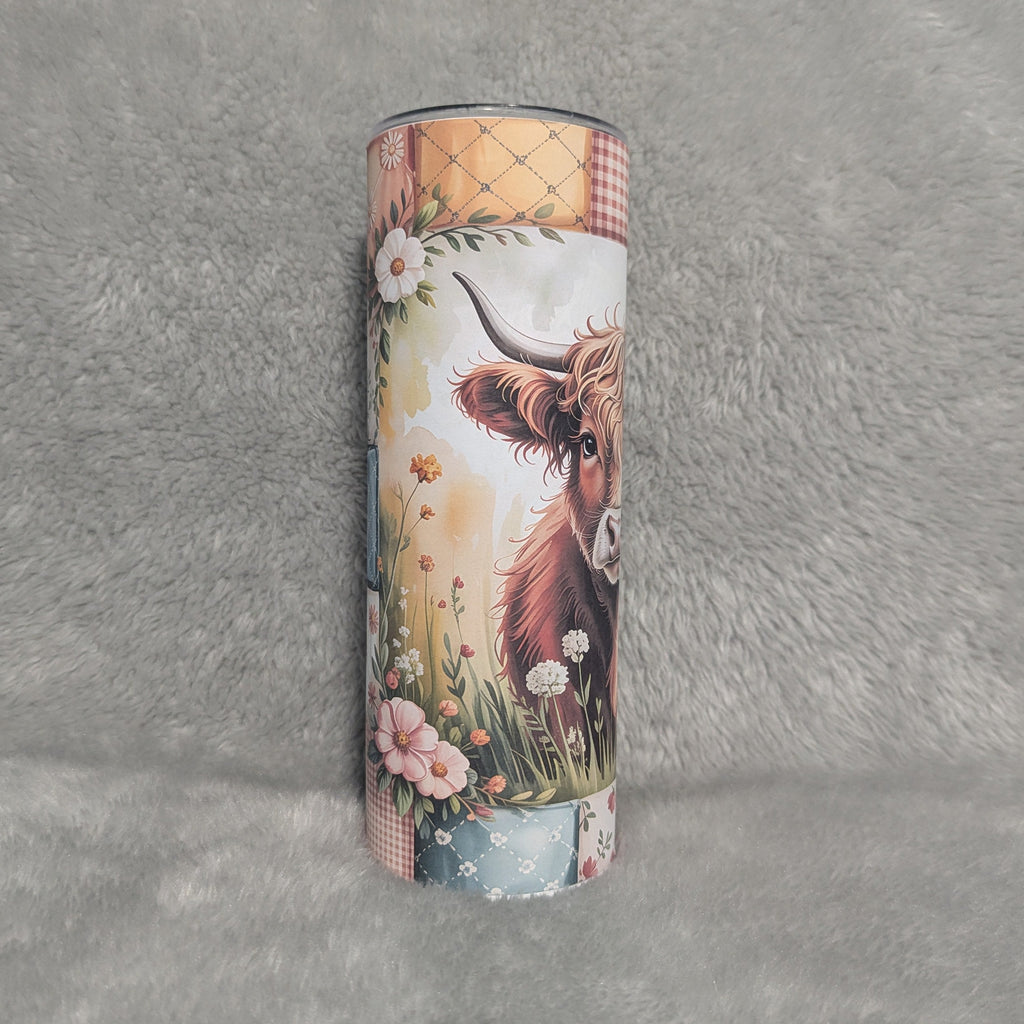 Floral Western Highland Cow Tumbler 20oz With Reusable Straw, Can Be Personalized