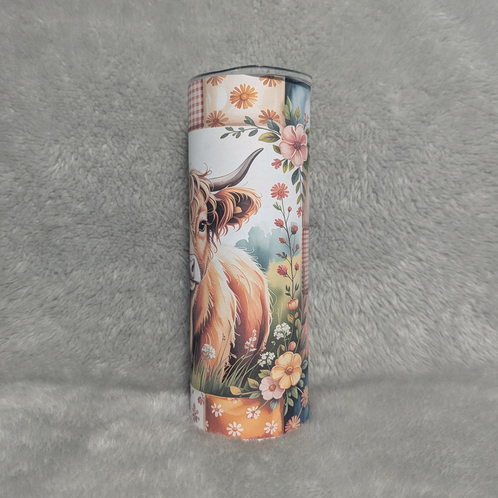 Floral Western Highland Cow Tumbler 20oz With Reusable Straw, Can Be Personalized
