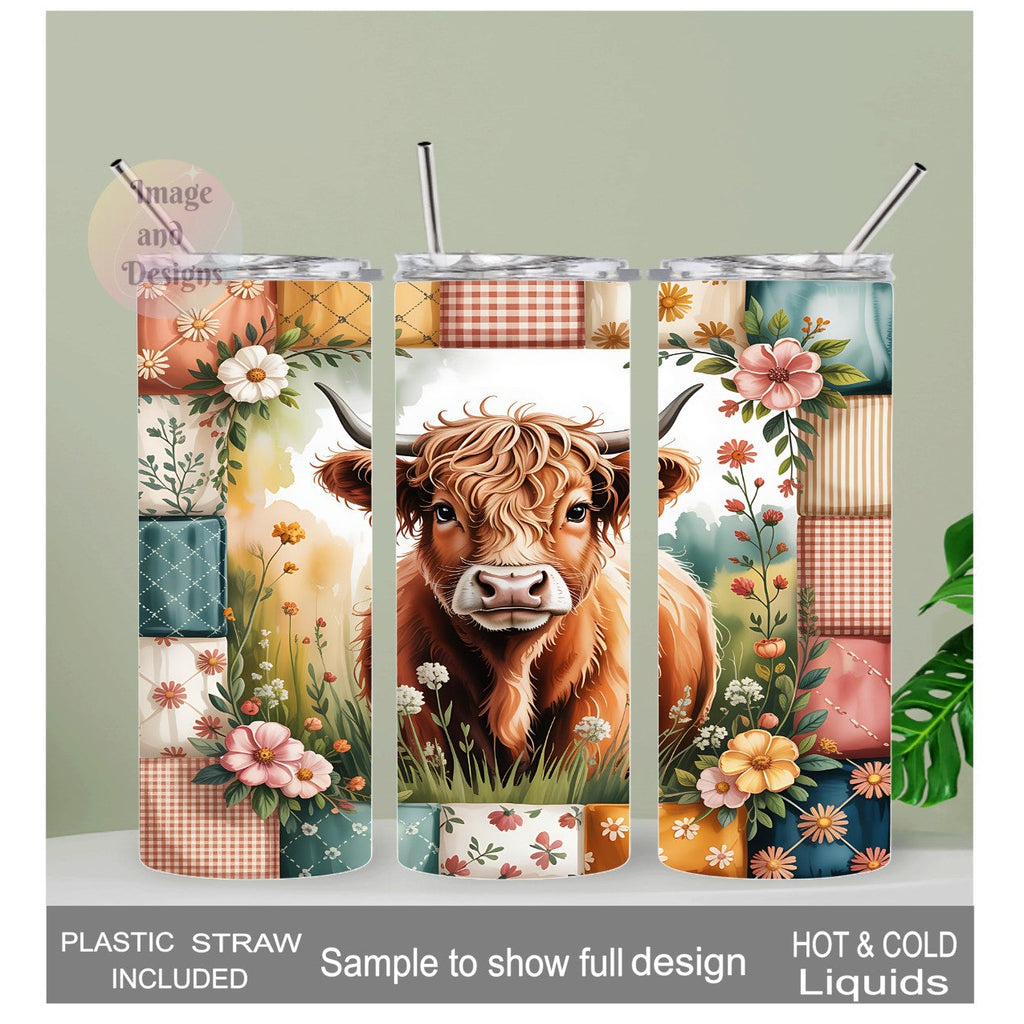 Floral Western Highland Cow Tumbler 20oz With Reusable Straw, Can Be Personalized