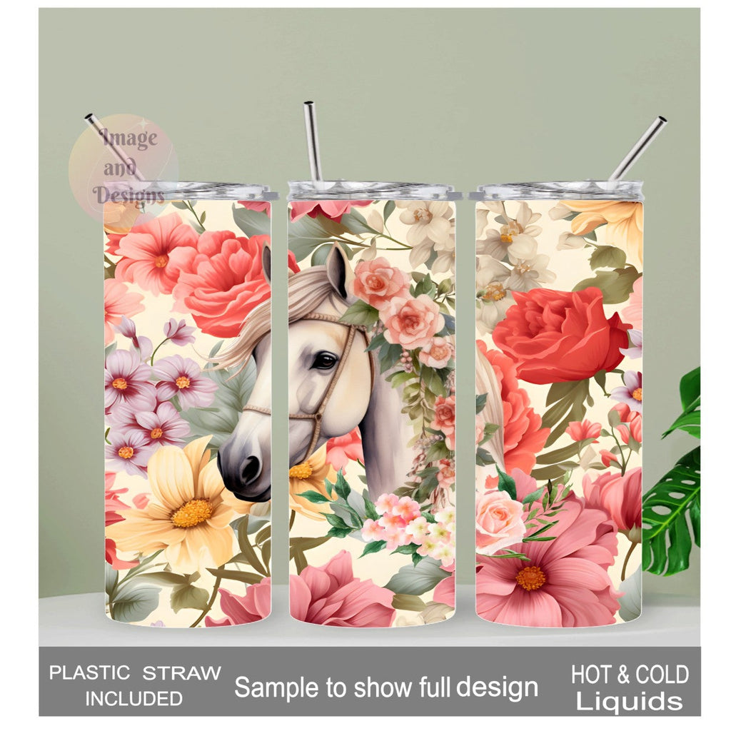Horse Tumbler With Flowers 20oz With Reusable Straw, Can Be Personalized