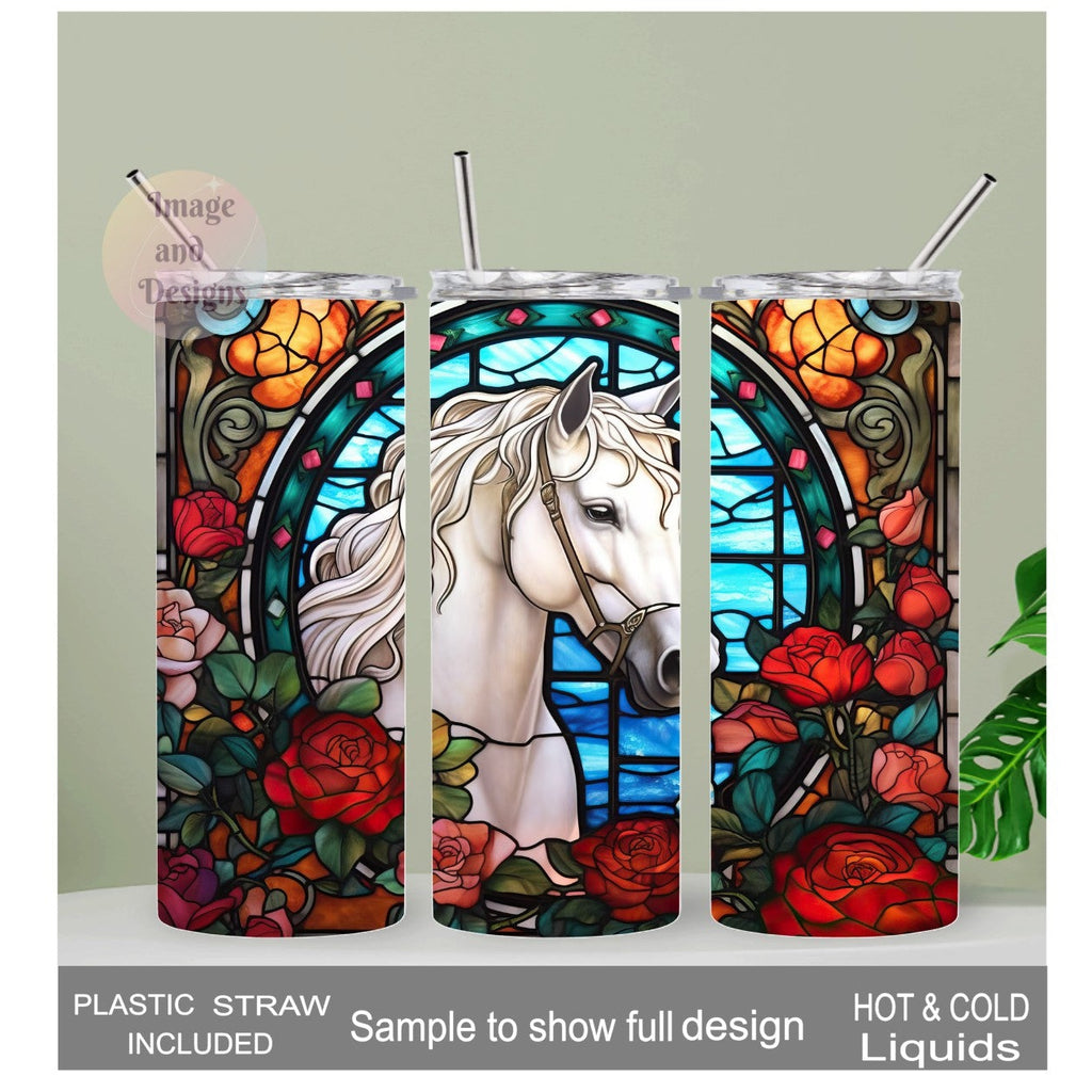 Beautiful Stained Glass Design Horse Tumbler  20oz With Reusable Straw, Can Be Personalized