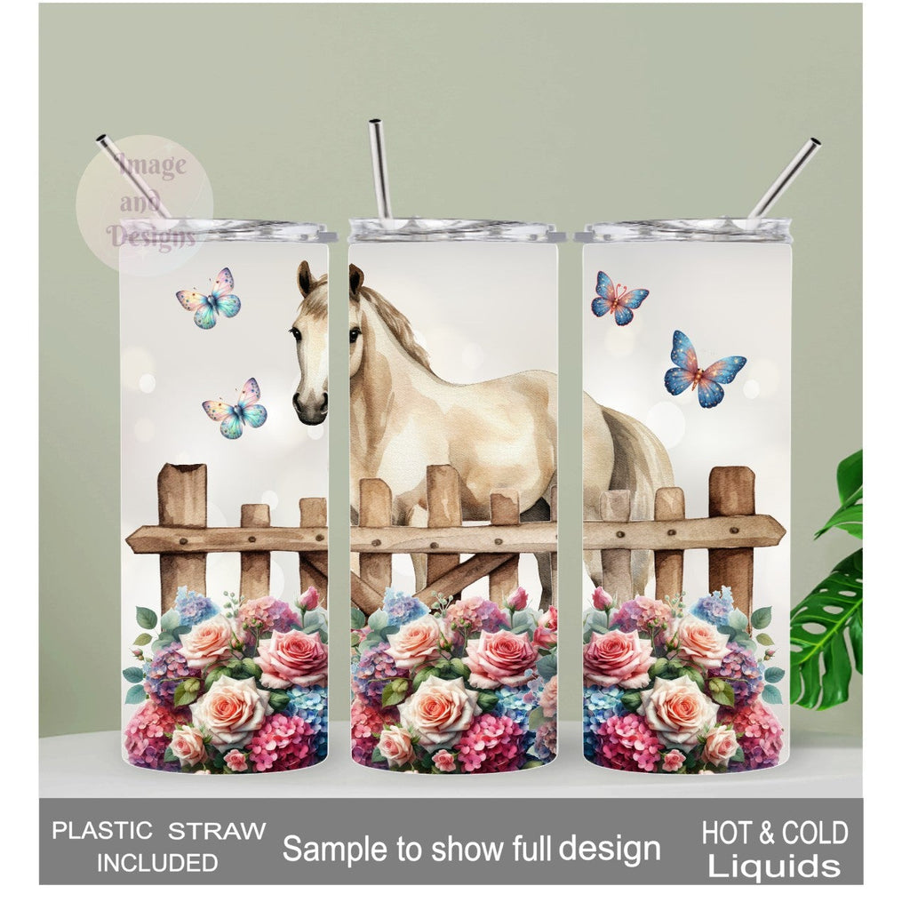 White Horse Tumbler With Flowers 20oz With Reusable Straw, Can Be Personalized