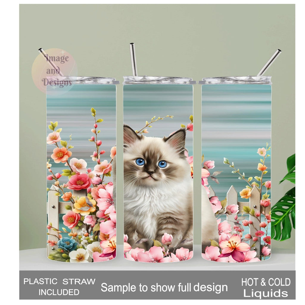 Siamese Kitten - Cat Tumbler With Flowers 20oz With Reusable Straw, Can Be Personalized