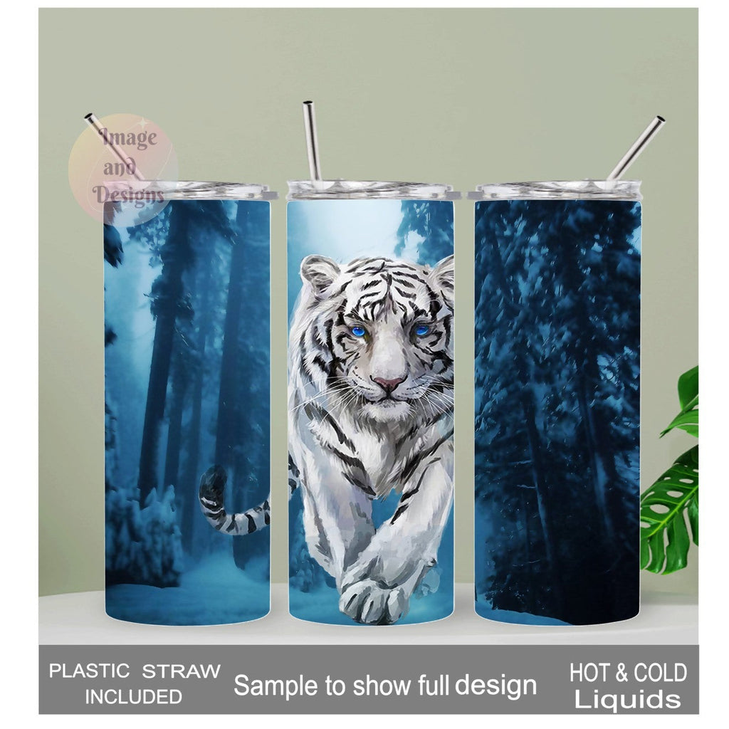 White Tiger Tumbler 20oz With Reusable Straw, Can Be Personalized