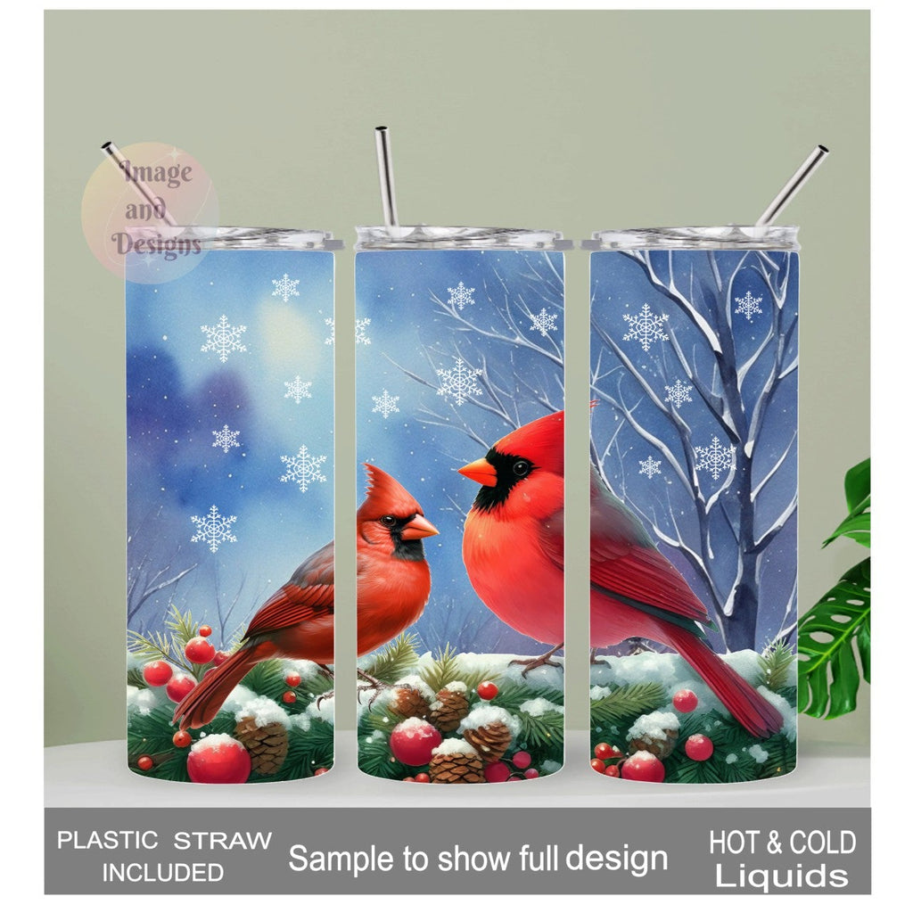 Winter Cardinal Tumbler 20oz With Reusable Straw, Can Be Personalized