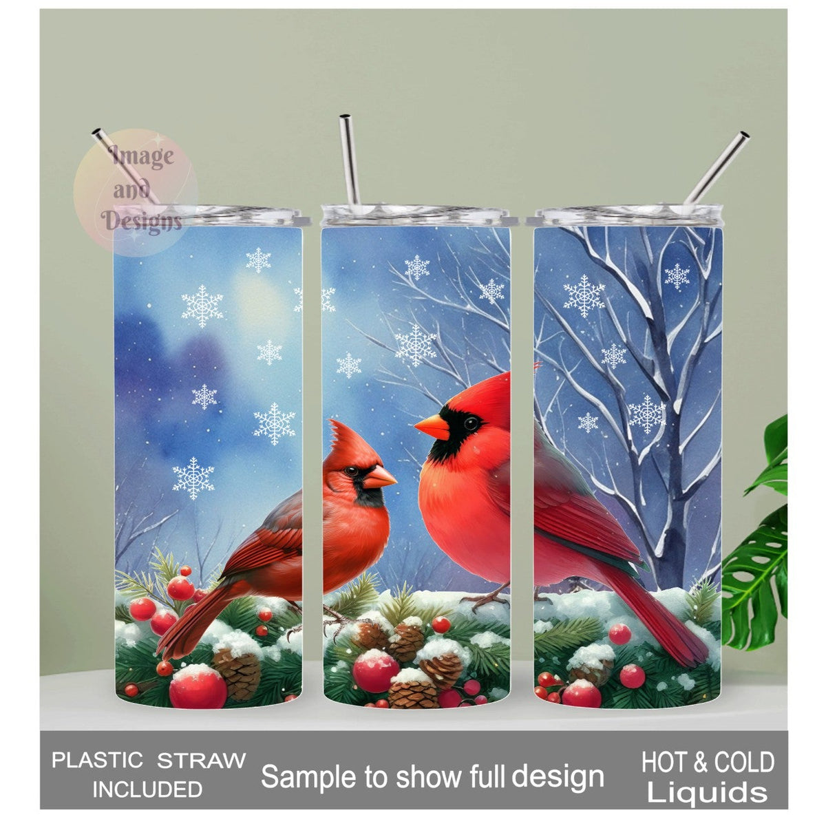Winter Cardinal Tumbler 20oz With Reusable Straw, Can Be Personalized