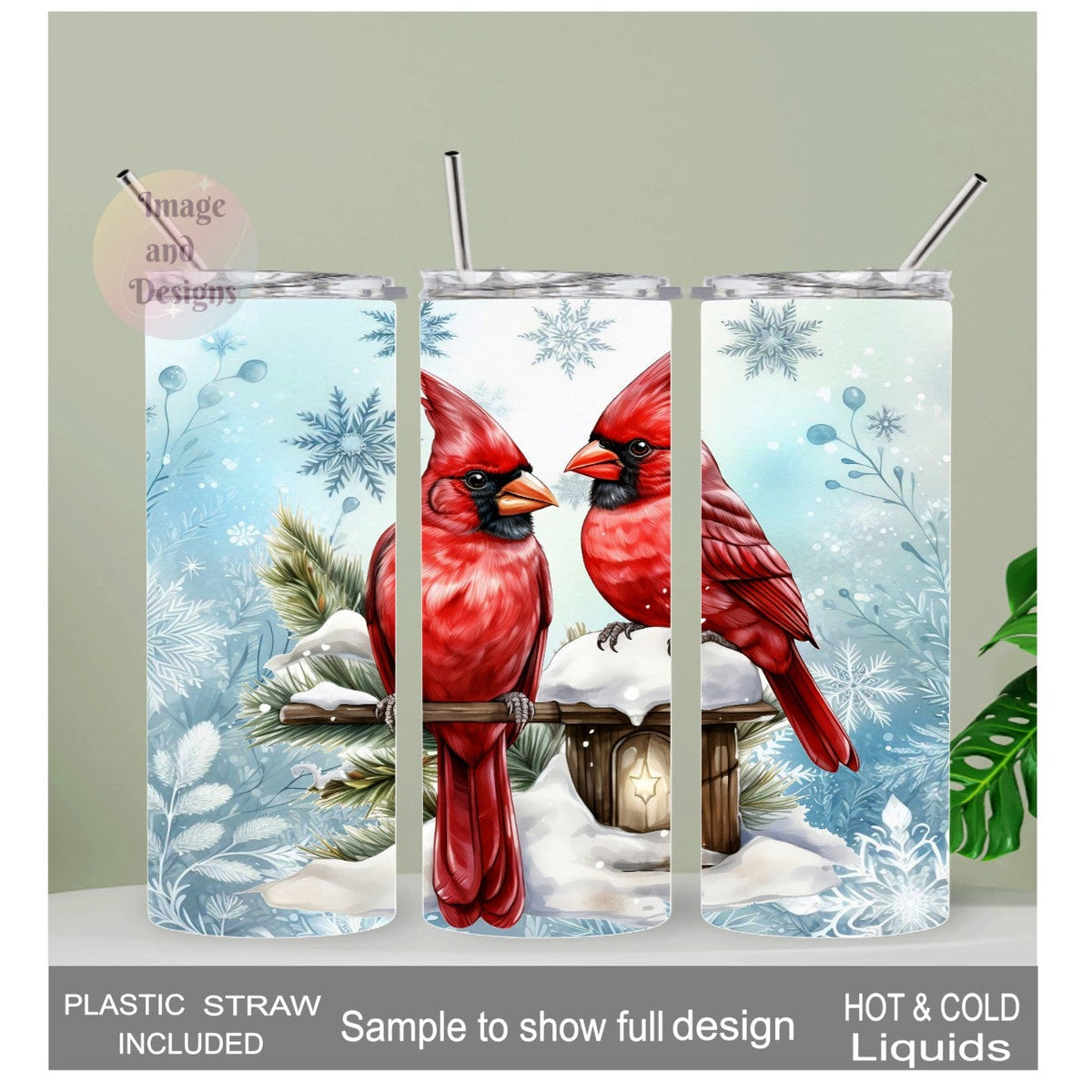Pretty Winter Cardinals Tumbler 20oz With Reusable Straw, Can Be Personalized