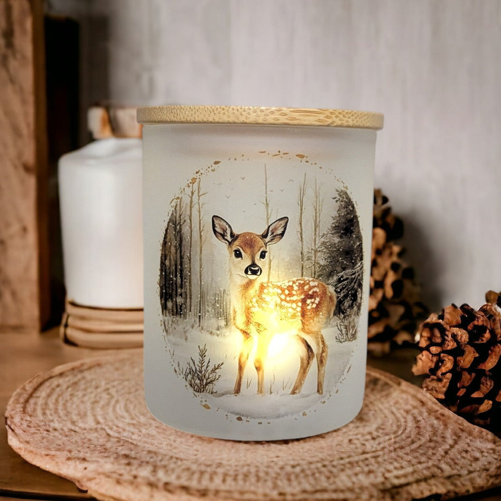 Winter Deer Candle Holder With A Battery Operated Flickering Tea Light