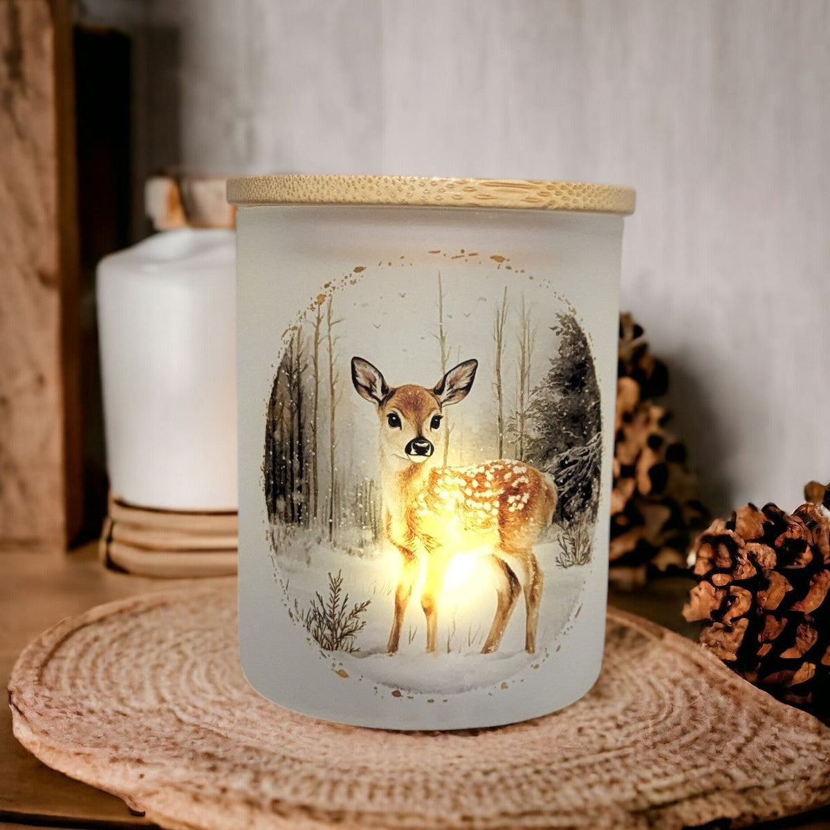 Winter Deer Candle Holder With A Battery Operated Flickering Tea Light