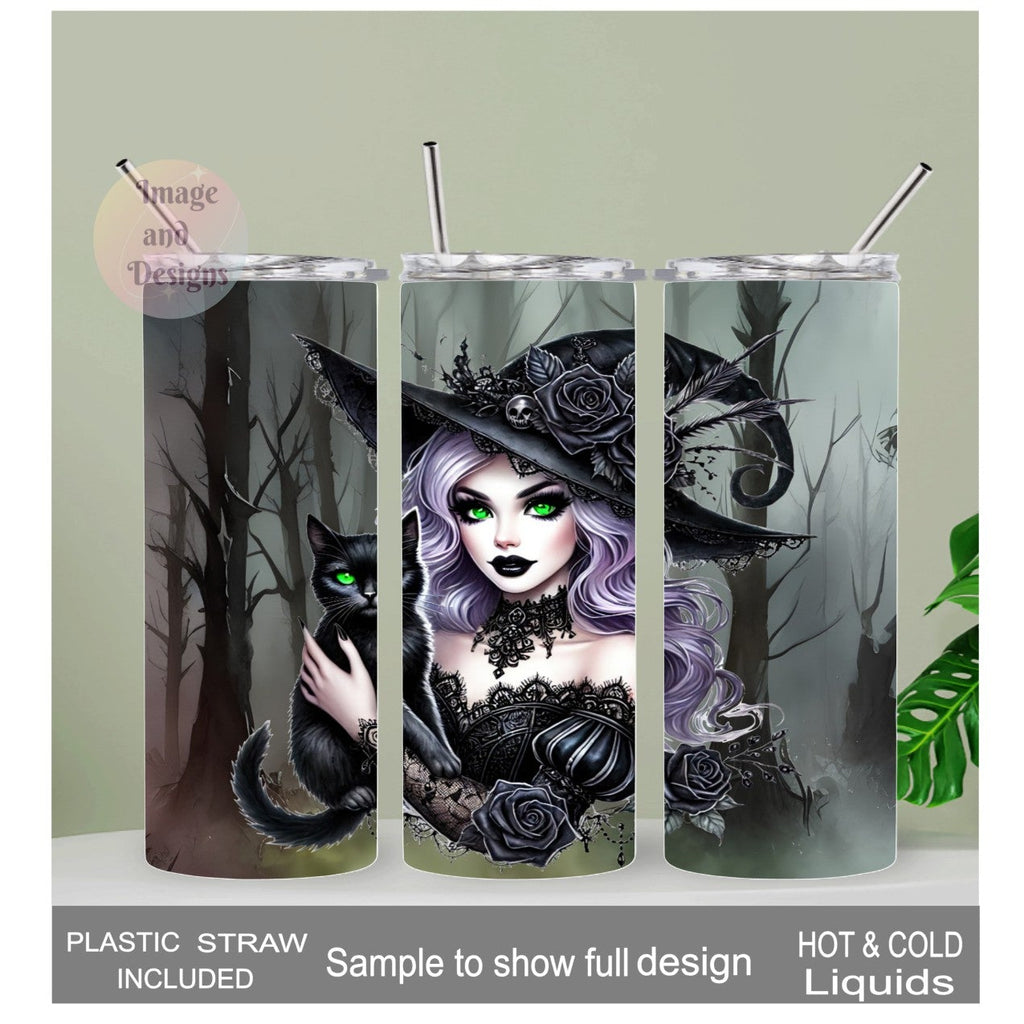 Witch With Black Cat Tumbler 20oz With Reusable Straw, Can Be Personalized