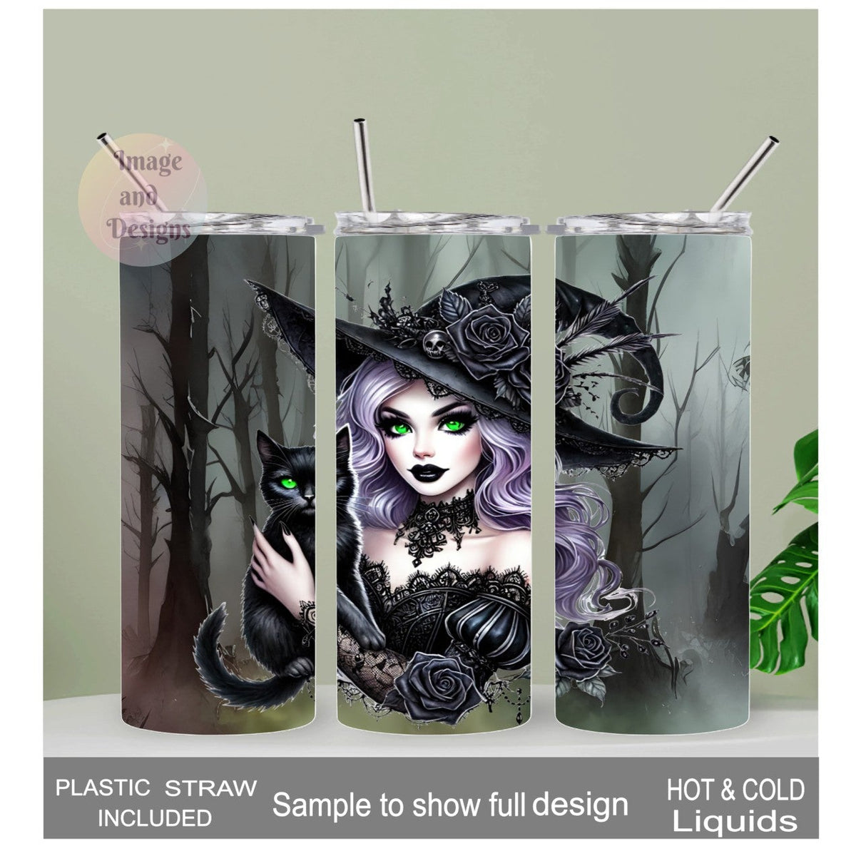 Witch With Black Cat Tumbler 20oz With Reusable Straw, Can Be Personalized