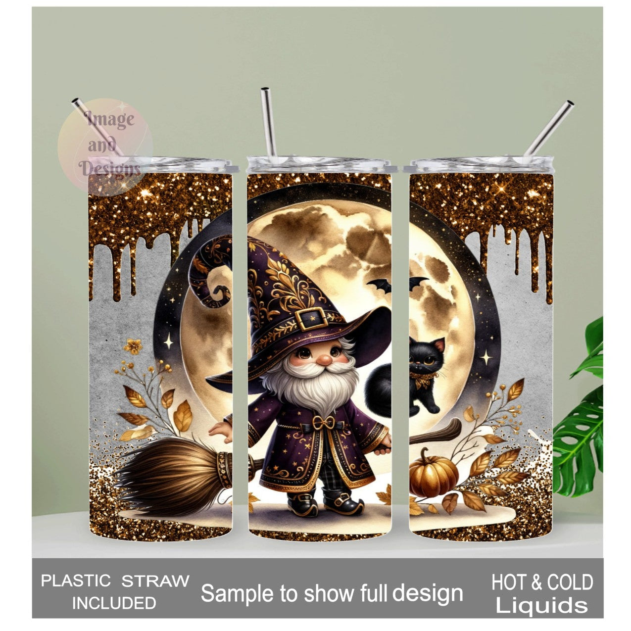 Wizard Gnome With Black Cat 20oz With Reusable Straw, Can Be Personalized
