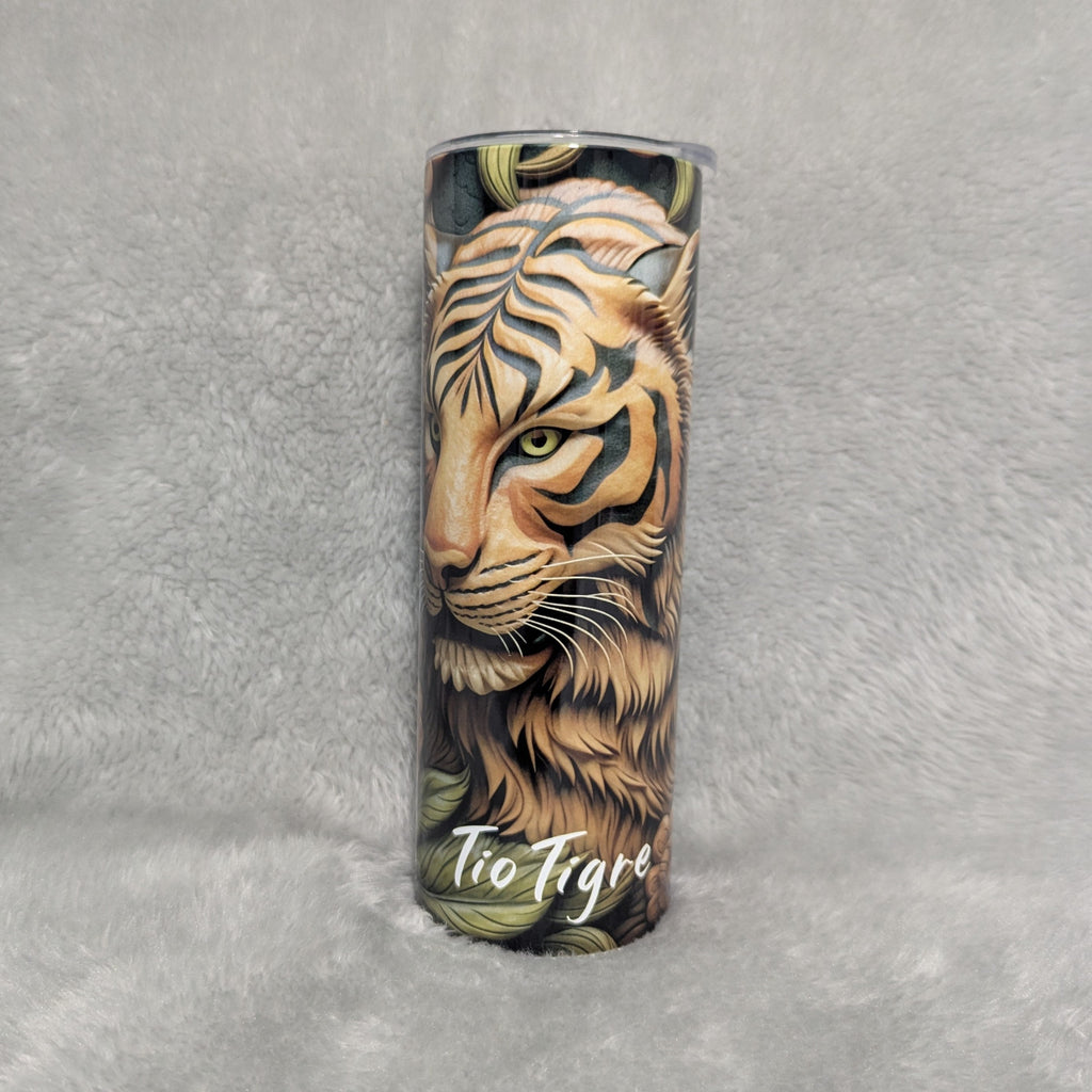 Tiger Tumbler With A Wood Carved Design 20oz With Reusable Straw, Can Be Personalized