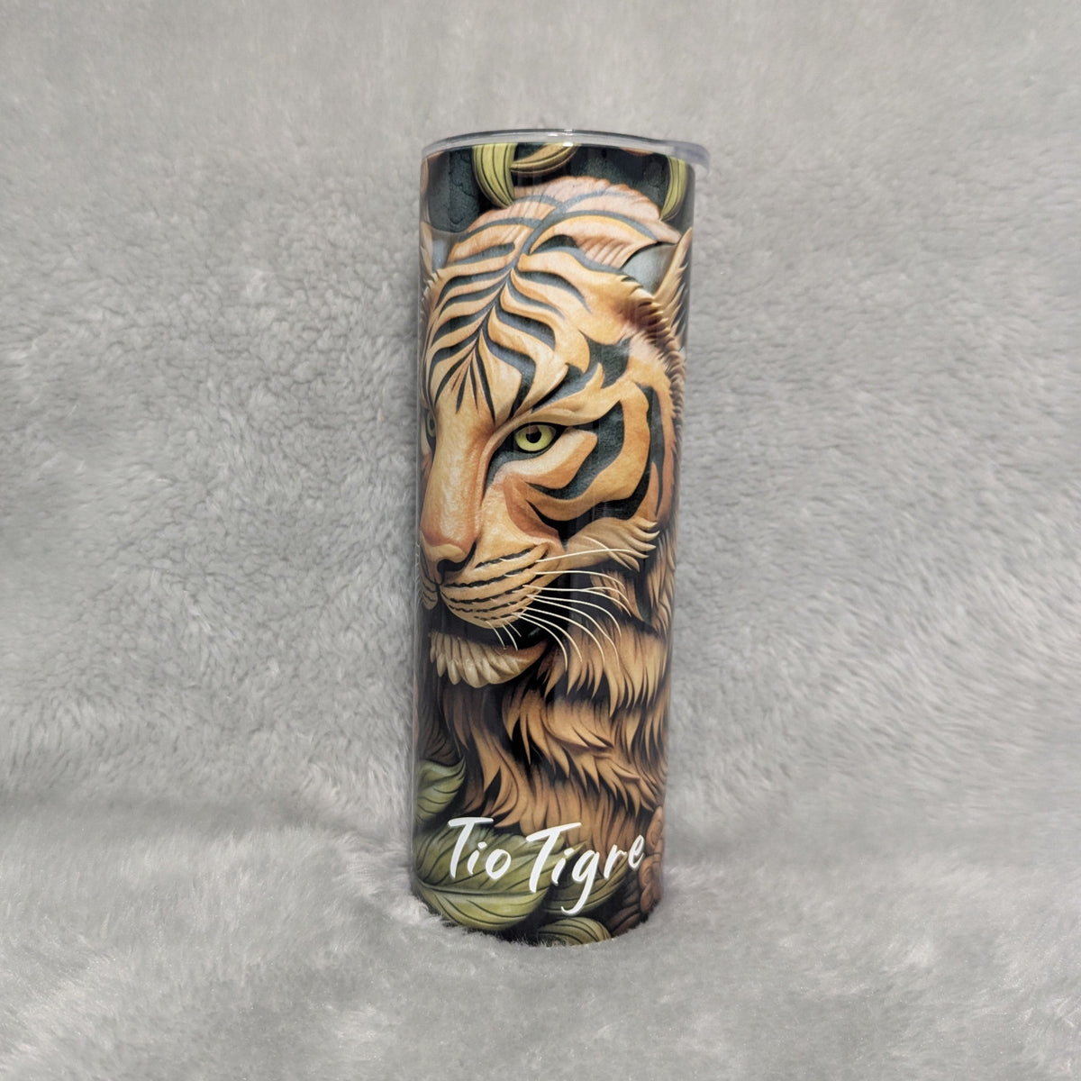 Tiger Tumbler With A Wood Carved Design 20oz With Reusable Straw, Can Be Personalized