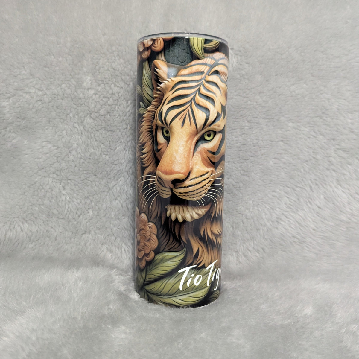 Tiger Tumbler With A Wood Carved Design 20oz With Reusable Straw, Can Be Personalized