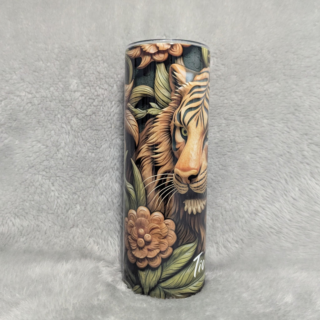 Tiger Tumbler With A Wood Carved Design 20oz With Reusable Straw, Can Be Personalized