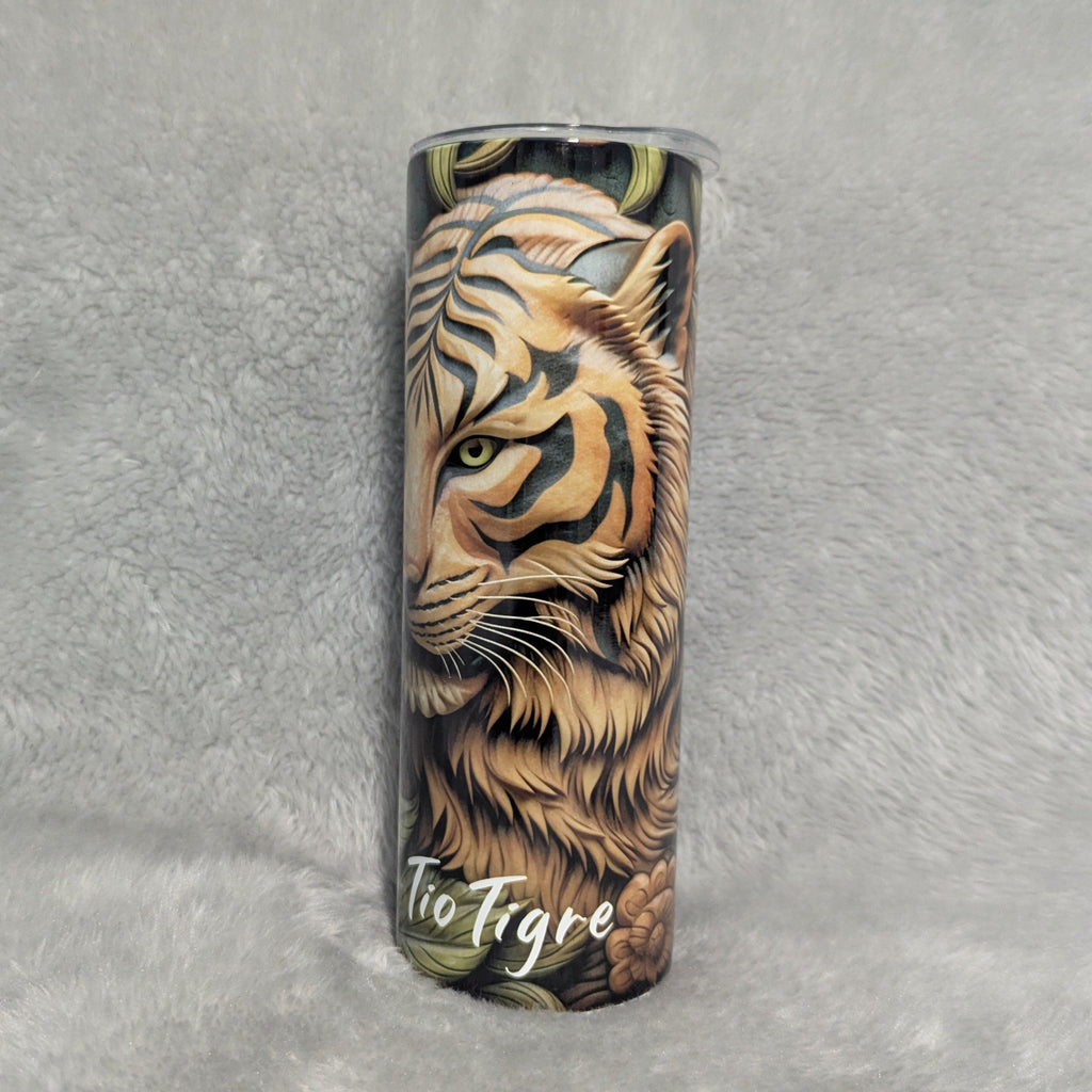 Tiger Tumbler With A Wood Carved Design 20oz With Reusable Straw, Can Be Personalized