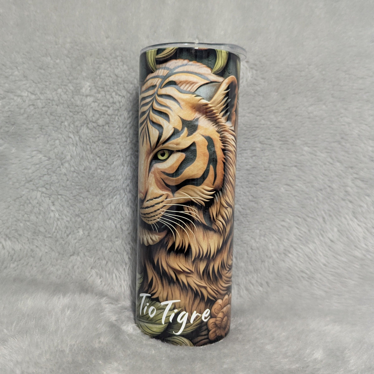 Tiger Tumbler With A Wood Carved Design 20oz With Reusable Straw, Can Be Personalized