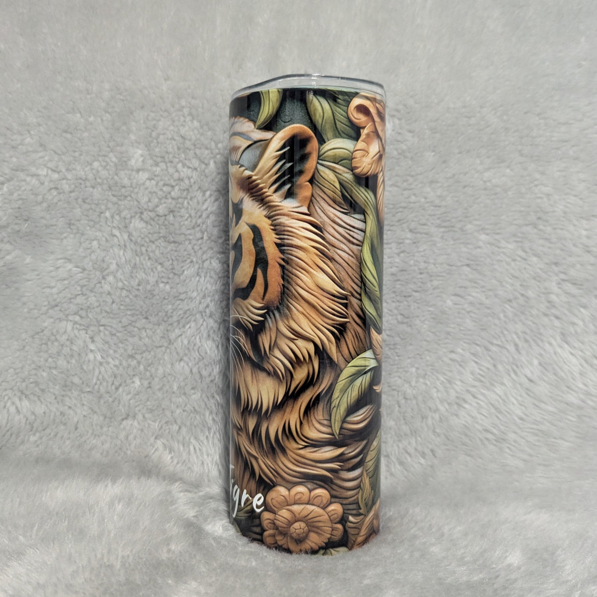 Tiger Tumbler With A Wood Carved Design 20oz With Reusable Straw, Can Be Personalized
