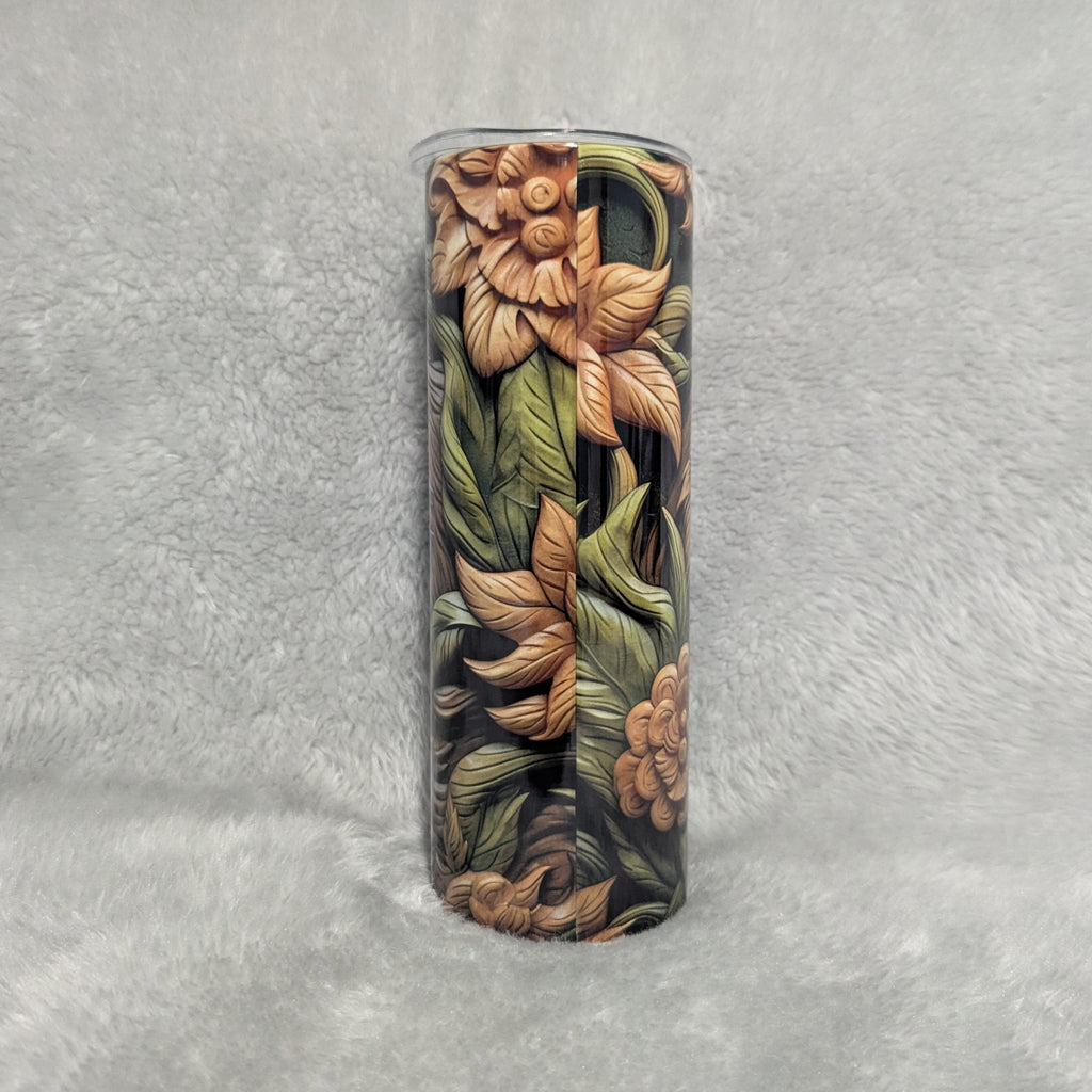 Tiger Tumbler With A Wood Carved Design 20oz With Reusable Straw, Can Be Personalized