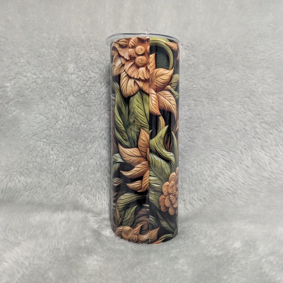 Tiger Tumbler With A Wood Carved Design 20oz With Reusable Straw, Can Be Personalized