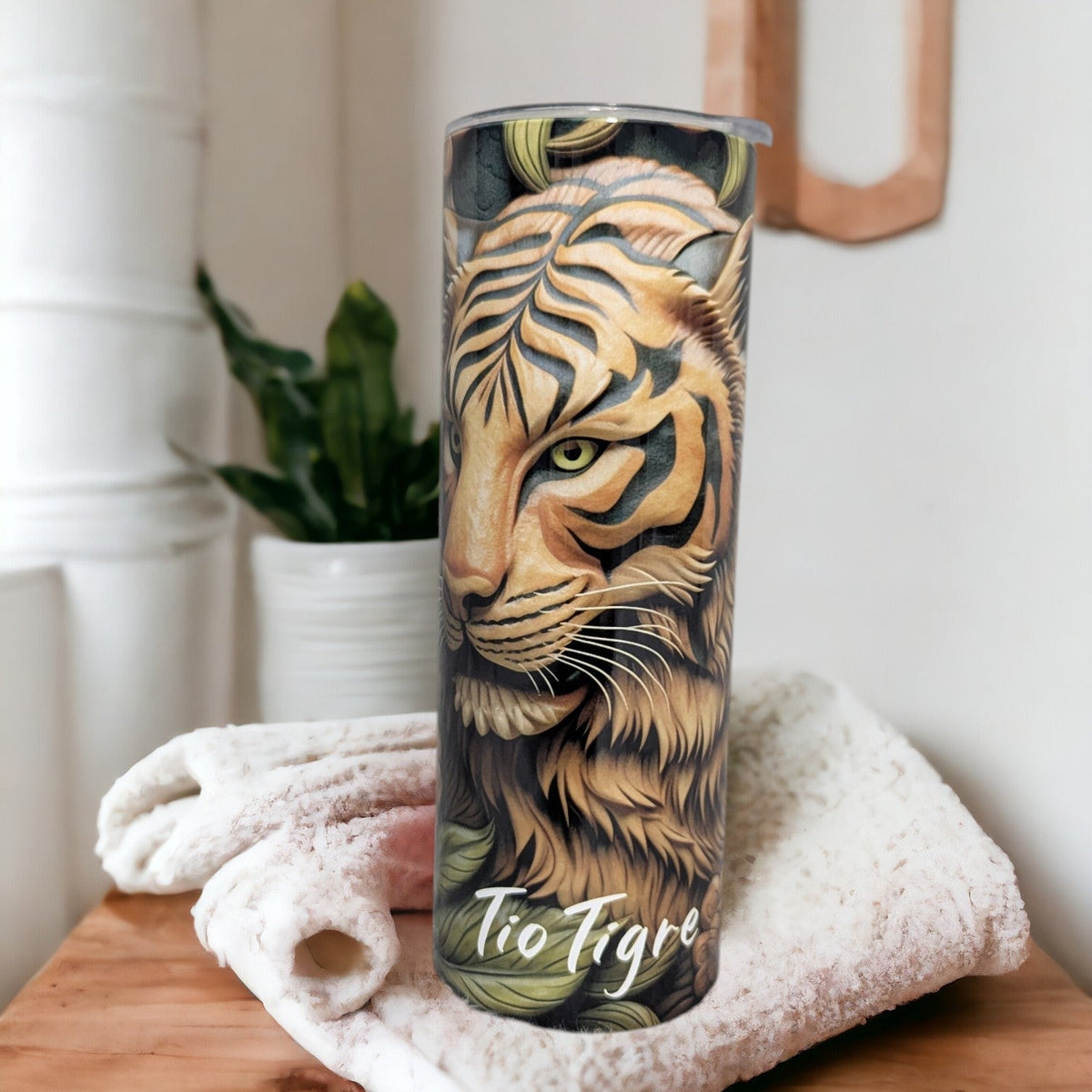 Tiger Tumbler With A Wood Carved Design 20oz With Reusable Straw, Can Be Personalized