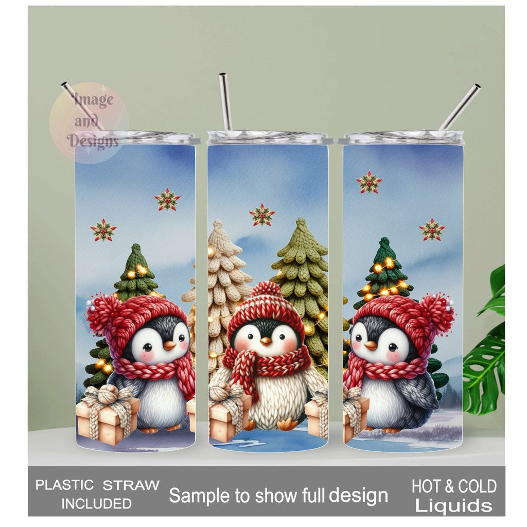 Faux Yarn Design Christmas Penguin Tumbler 20oz With Reusable Straw, Can Be Personalized