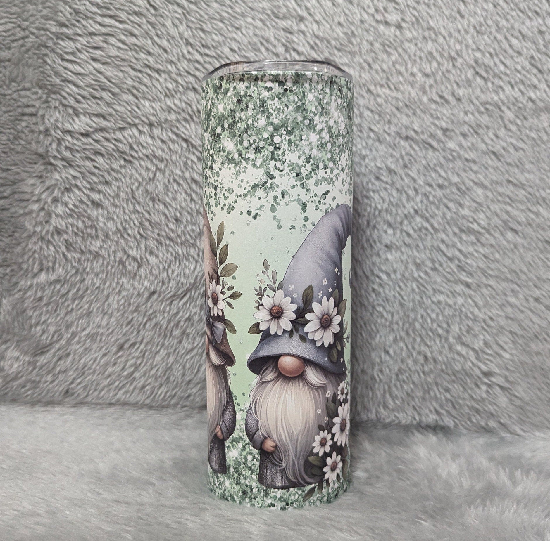 Gnome Tumbler With Daisies and A Glitter Design 20oz With Reusable Straw, Can Be Personalized