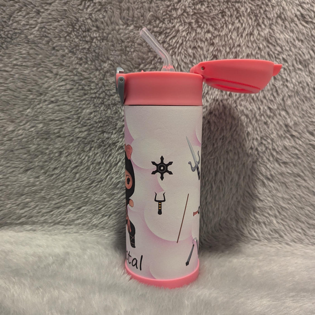 Kids Ninja Girl Water Bottle 12oz With Reusable Straw Can Be Personalized