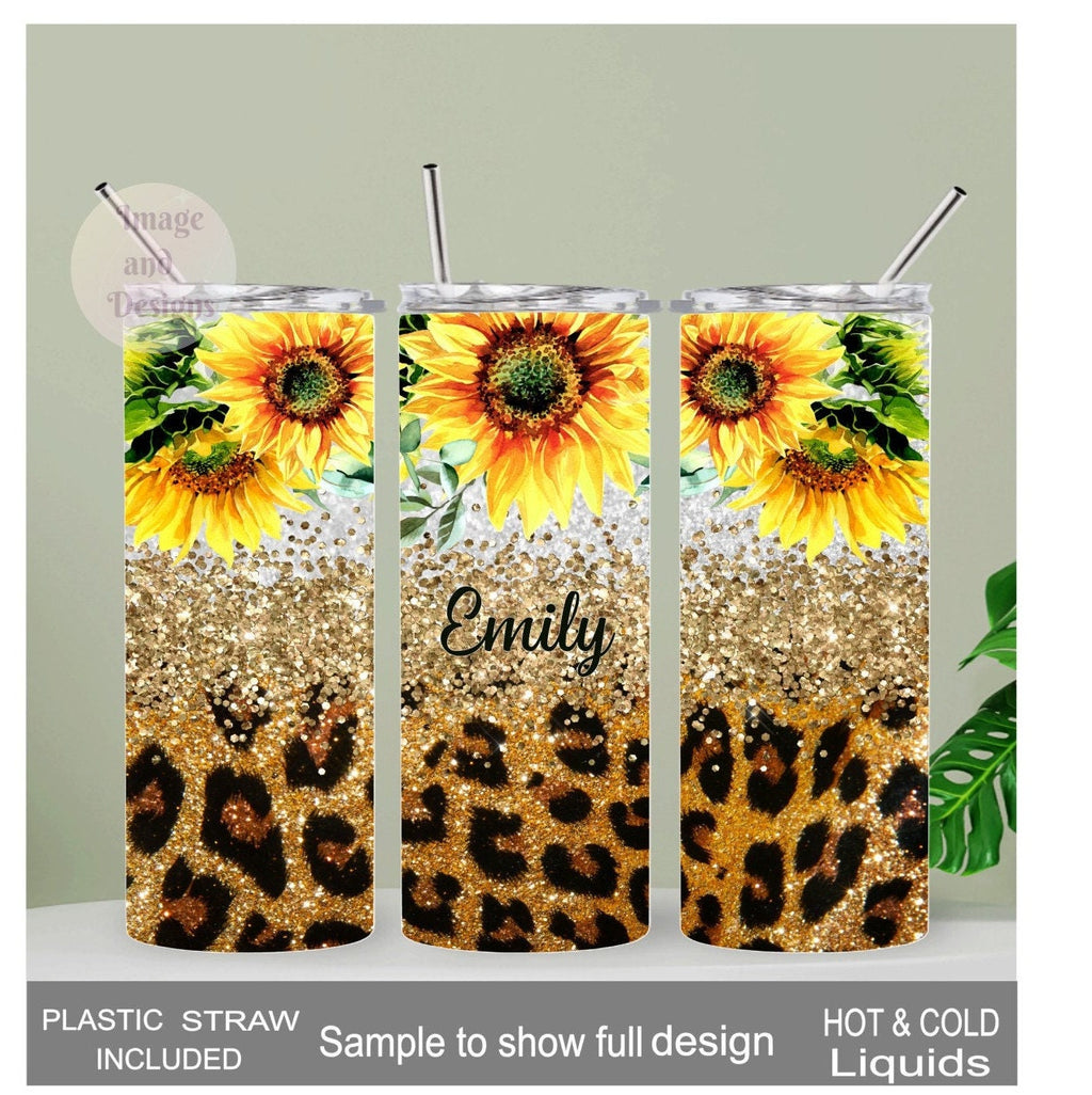 Sunflower Tumbler With Sunflowers Glitter Design and Leopard Print 20oz With Reusable Straw, Can Be Personalized