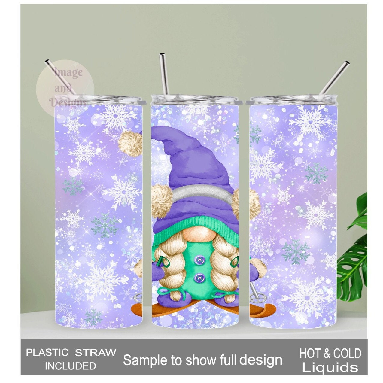 Girl Gnome Skiing Tumbler 20oz With Reusable Straw, Can Be Personalized