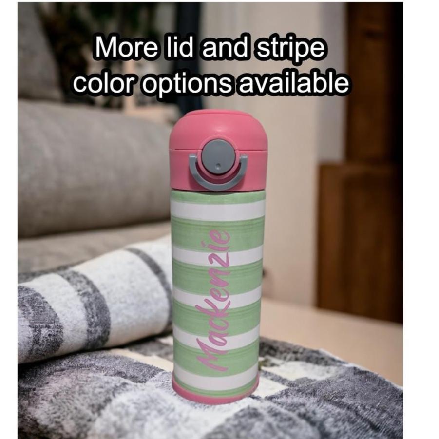 Kids Striped Water Bottle 12oz With Reusable Straw Can Be Personalized