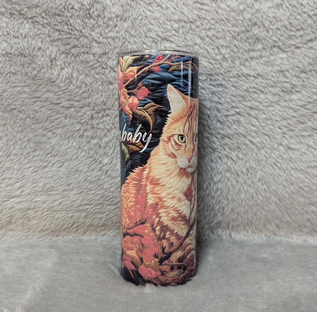 Cat Tumbler with Embroidered Orange Tabby Cat Design 20oz With Reusable Straw, Can Be Personalized