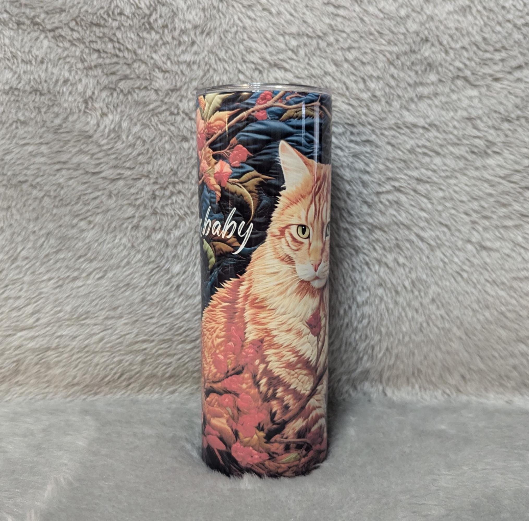 Cat Tumbler with Embroidered Orange Tabby Cat Design 20oz With Reusable Straw, Can Be Personalized