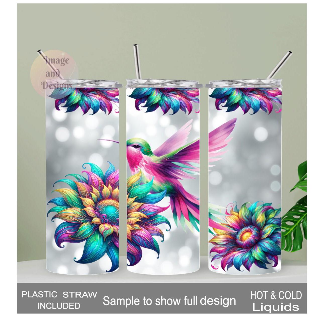 Hummingbird Tumbler with Colorful Sunflowers 20oz With Reusable Straw, Can Be Personalized