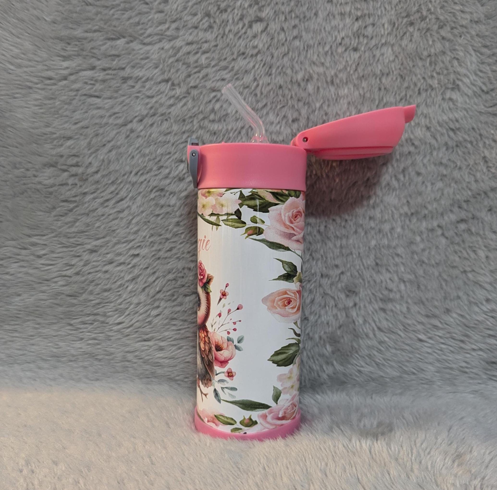 Adorable Kids Owl Water Bottle 12oz With Reusable Straw Can Be Personalized