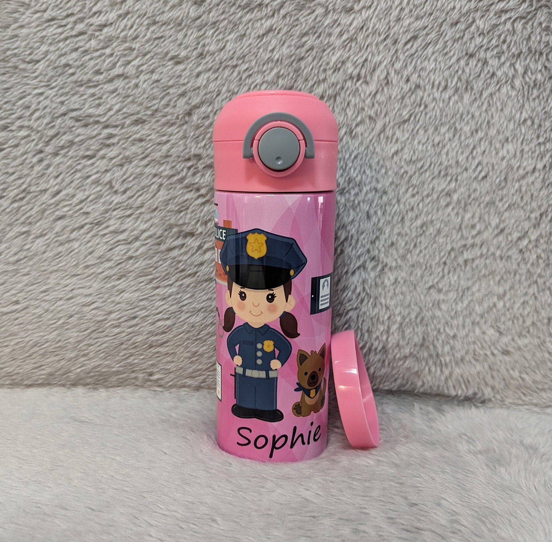 Kids Girl Cop Water Bottle 12oz With Reusable Straw Can Be Personalized