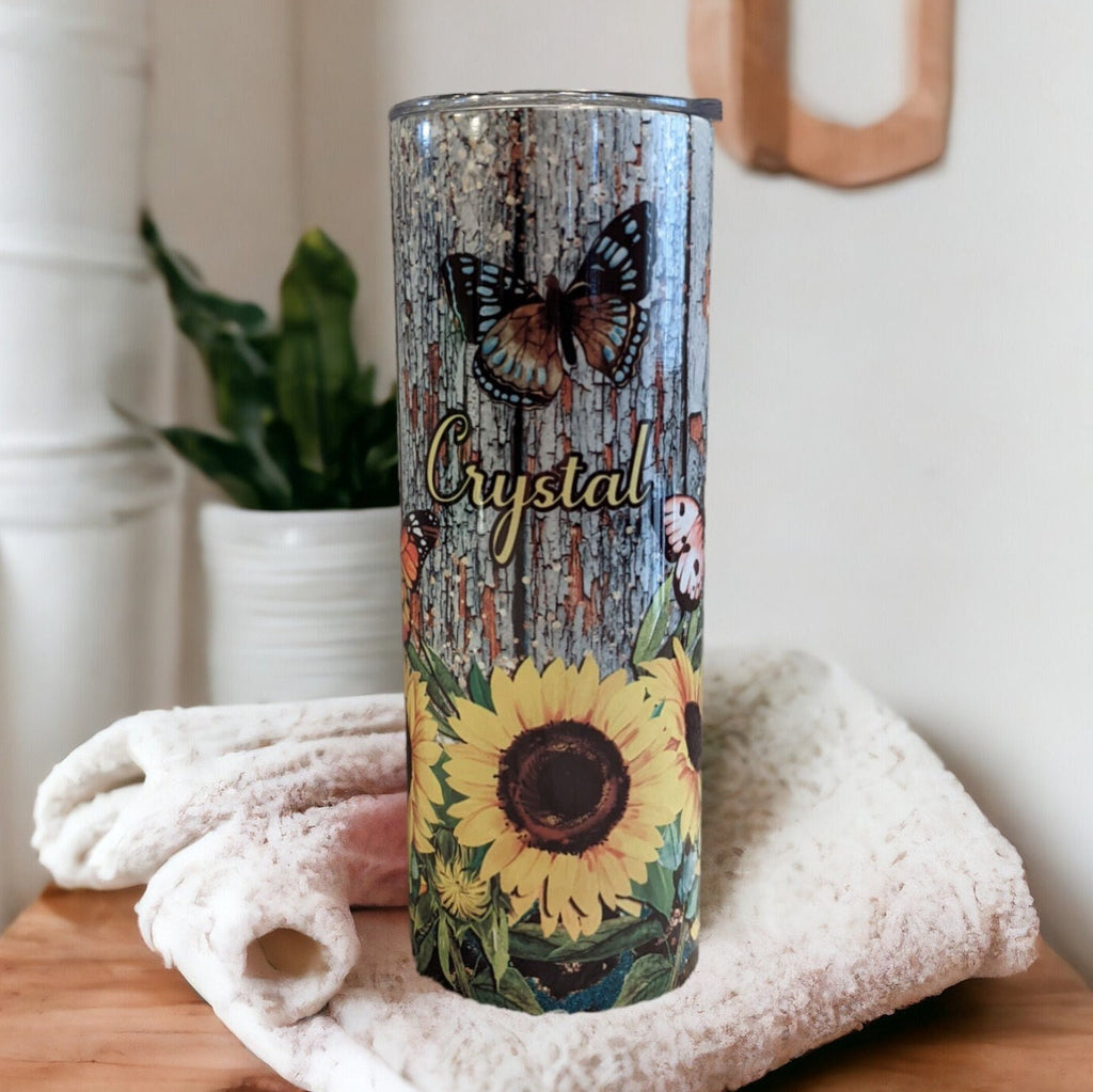 Butterflies and Sunflowers Tumbler 20oz With Reusable Straw, Can Be Personalized