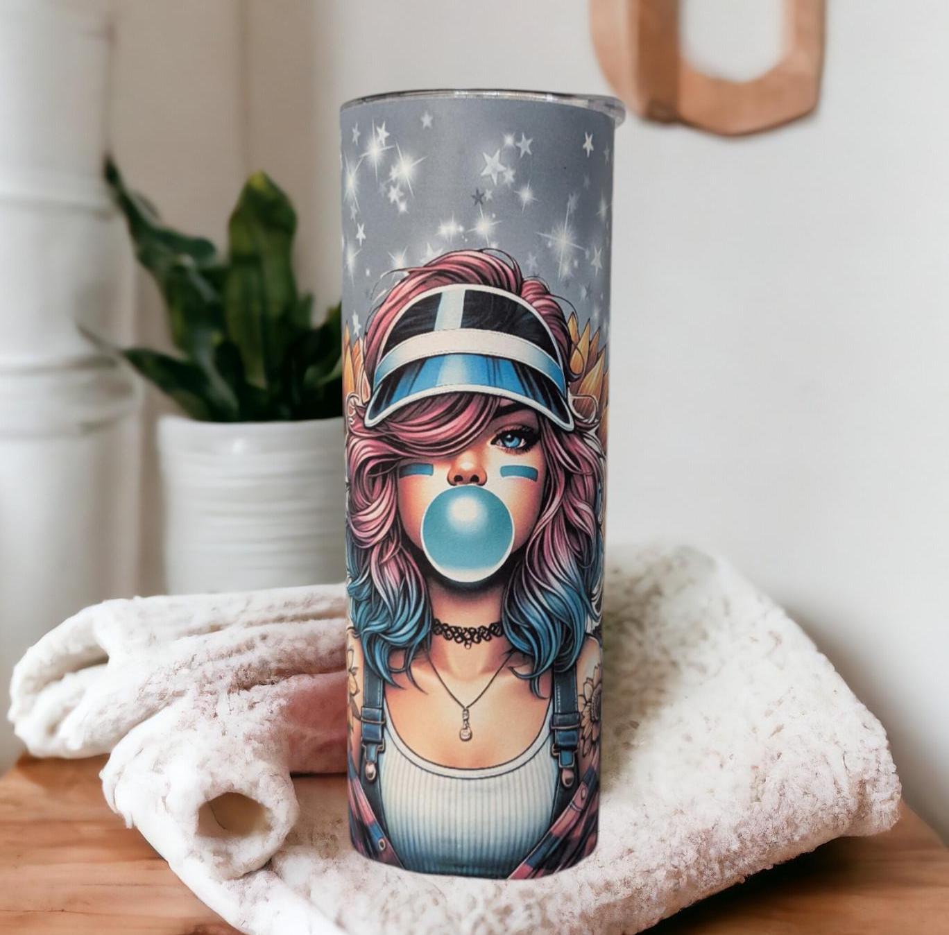 Sunflower Bubble Gum Girl Tumbler 20oz With Reusable Straw, Can Be Personalized