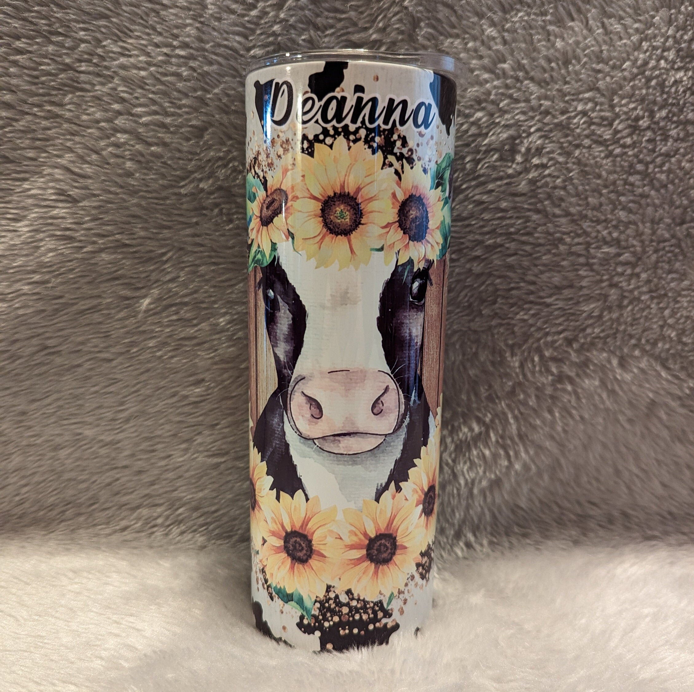 Cow With Sunflowers Tumbler 20oz With Reusable Straw, Can Be Personalized