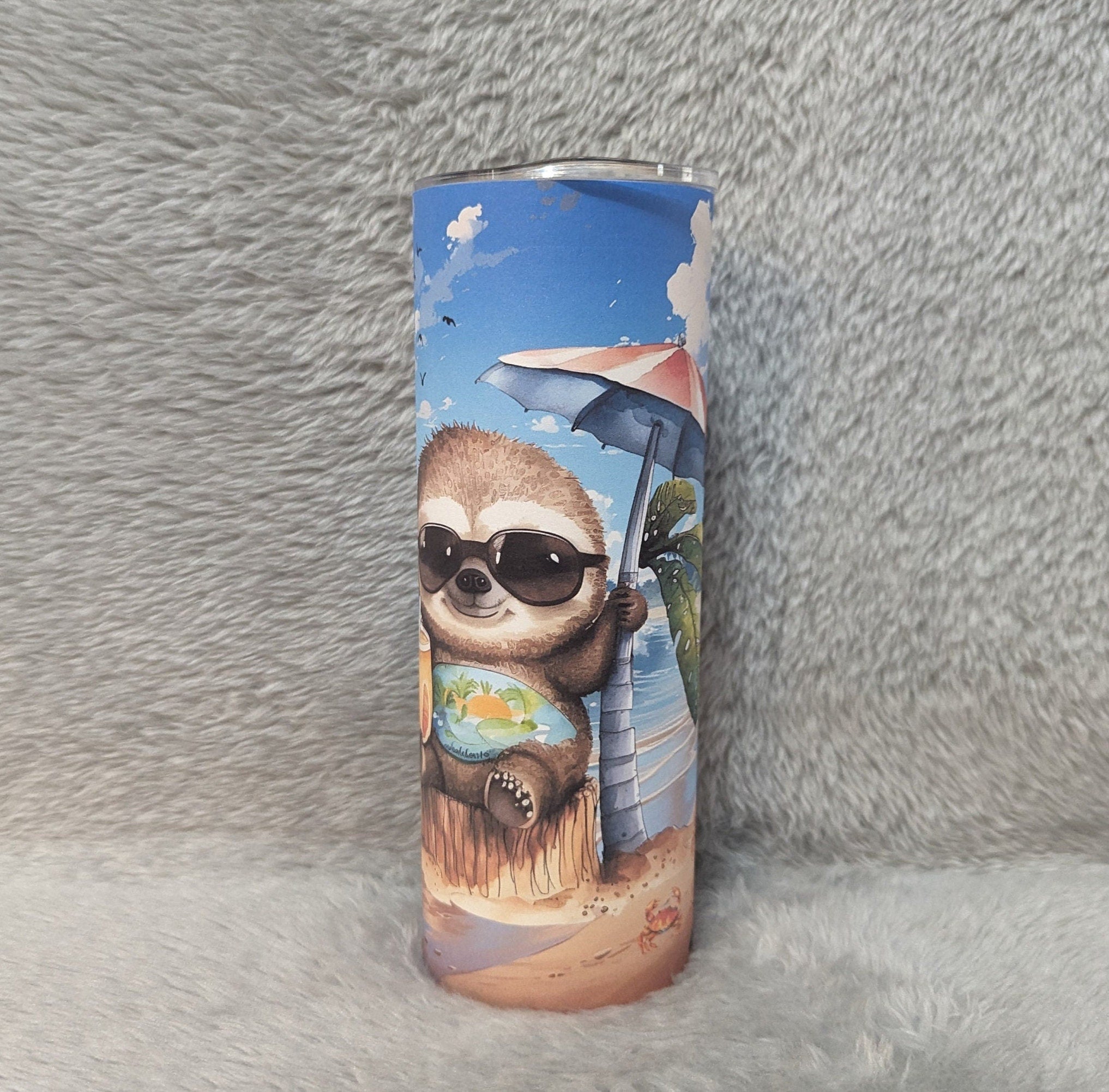 Colorful Beach Sloth Tumbler 20oz With Reusable Straw, Can Be Personalized