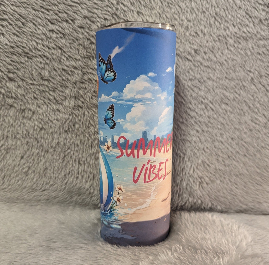 Summer Beach Highland Cow Tumbler 20oz With Reusable Straw, Can Be Personalized