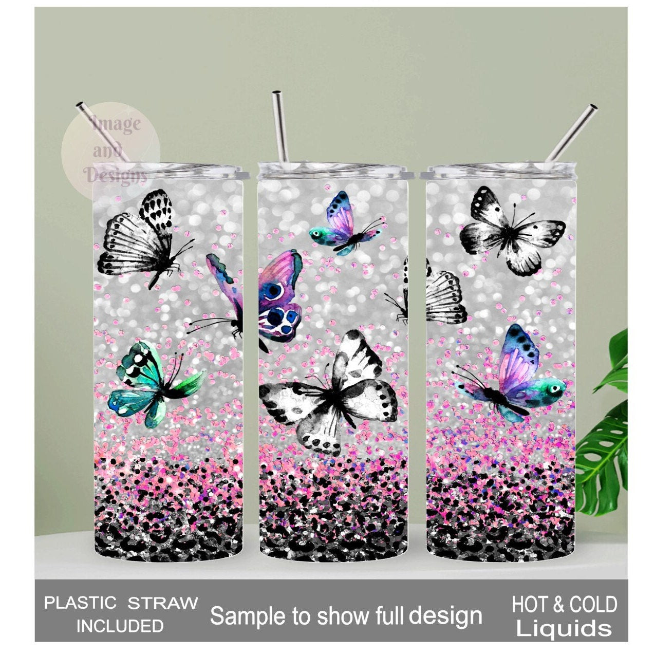 Pretty Butterfly Tumbler With A Glitter Design 20oz With Reusable Straw, Can Be Personalized