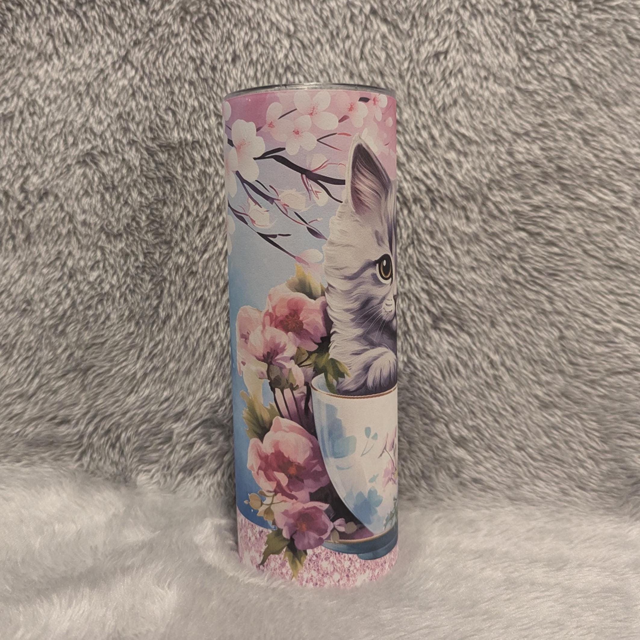 Teacup Kitten/Cat Tumbler 20oz With Reusable Straw, Can Be Personalized