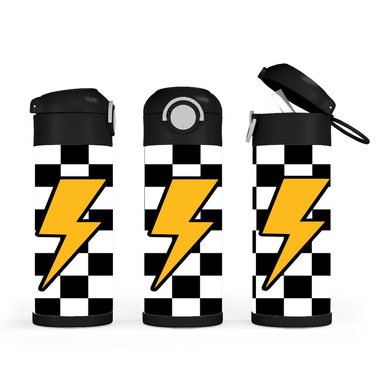 Kids Checkered Lightning Bolt Water Bottle 12oz With Reusable Straw Can Be Personalized